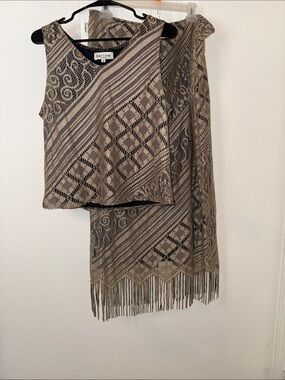 Vintage 1980s Harlow Neutral Fringe Knit Two-Piece Set - Beige & Black